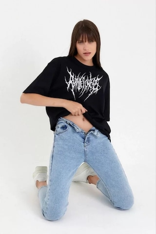 Modi Unisex Bisiklet Yaka Baskılı Oversize T-shirt - Siyah - Mymg104408