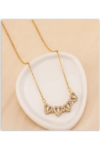 Zirkon Taşlı Çoklu Kalpli Açılır Kapanır Mıknatıslı Yonca Çelik Kolye Çok Renkli