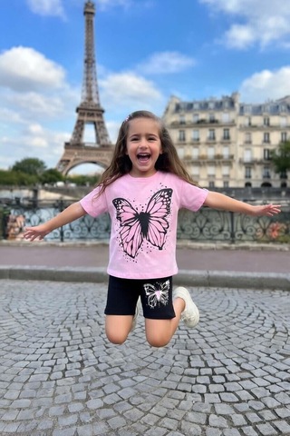 Riccotarz Kız Çocuk Puantiye Baskılı Ve Kelebek Baskılı Pembe T-shirt Şortlu Takım
