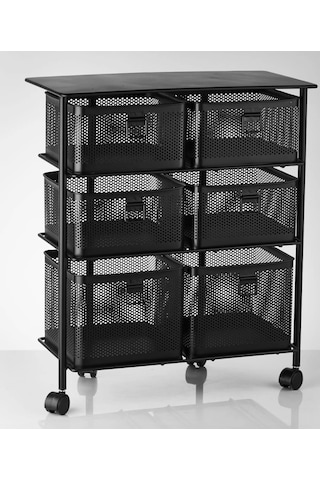 Metal Tekerlekli Paslanmaz Sebzelik 6 Bölmeli 3 Katlı Siyah Siyah