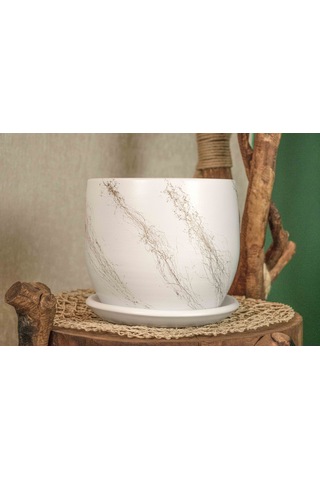 Bitki Tasarımı Beyaz Üzeri Gold Tabaklı Terracota Toprak Saksı Saksılık Salon Çiçeklik 19 Cm