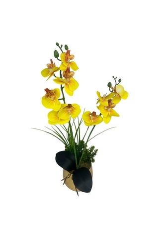 Yapay Çiçek Sarı Islak Orkide Gold Metal Saksıda Saksıda Orkide 50cm