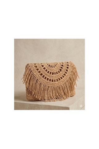 Trakyatrend Crunch Çanta El Yapımı Hasır Kağıt İp Püsküllü Clutch Hasır Rengi