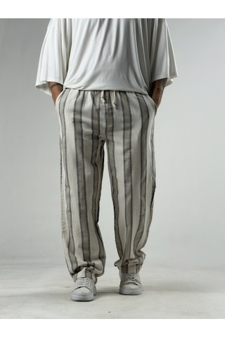 Cocopelli Çizgili Bej Keten Erkek Baggy Pantolon Coc3290
