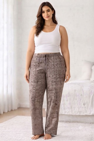 Viskon Pamuklu Kadın Büyük Beden Gri Desenli Pijama Pantolon - Mgb011 - Mudanis