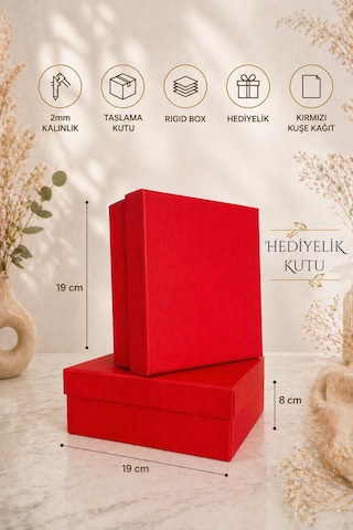 Kolix Kırmızı Düz Hediye Kutusu 2'li Sert Hediyelik Kutu Hediye Paketi 19x19x8 Cm