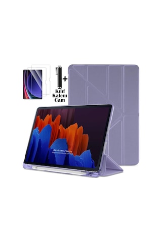 Lenovo Idea Tab Pro 12.7 Inç 2025 Tablet Kılıf Kalem Bölmeli Standlı Silikon Kapak + Ekran Koruyucu Cam Set