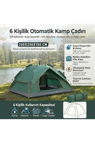 Buffer 6 Kişilik Otomatik Kamp Çadırı Çift Katmanlı, Suya Dayanıklı, Hızlı Kurulum Outdoor Aile Ve Doğa Çadırı 200x250x150 Cm Sarı