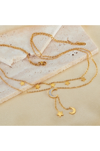 Sones Opk Gx2437 Paslanmaz Çelik Yıldız Ay Püskül Kolye Çift Katmanlı Yığılmış Köprücük Kemiği Zinciri Altın