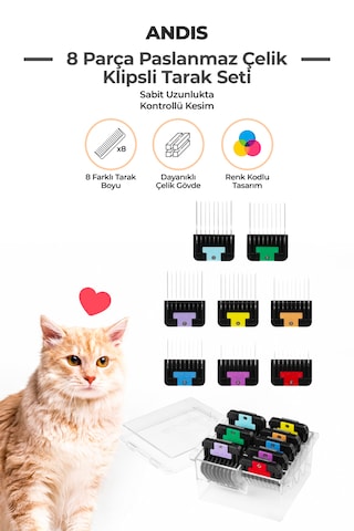 Andis Çelik Kedi Köpek Tıraş Makinesi Tarak Seti 8 Parça A5 Bıçak Kullanan Makinelerle Uyumlu