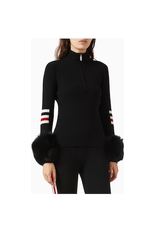 Izaak Azanei Ski Striped Zip - Up Sweater, Şık Ve Lüks Kadın Kürk Detaylı Kazak Kırmızı
