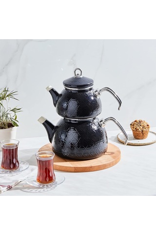 Kristal Emaye Çaydanlık Takımı Siyah Çelik
