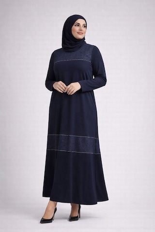 Hira Life Fashion Kadın Önü Desenli Taş Detaylı Düz Tessetür Elbise Lacivert Lacivert
