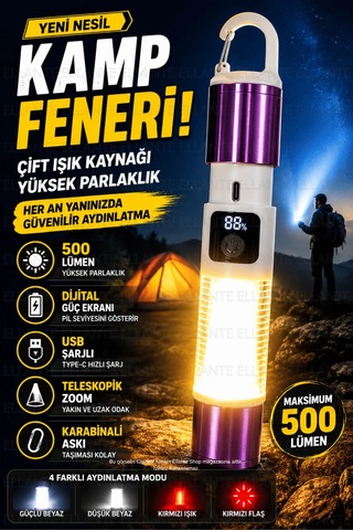 Şarjlı Kamp Feneri Usb Type-c 500 Lümen Dijital Pil Göstergeli Led El Feneri Zoomlu Kamp Ve Acil Dur Çok Renkli