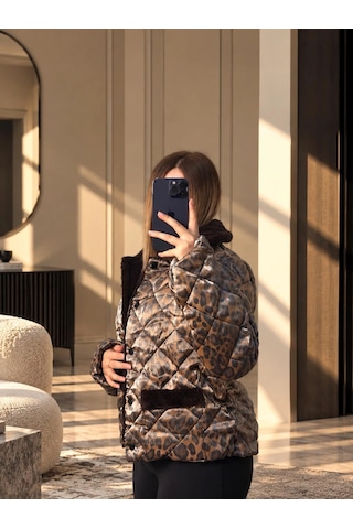 Elora Atelier Leopar Desenli Kürk Yakalı Kapitone Mont