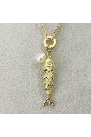 İncili Hareketli Balık Kolye Gold Gold