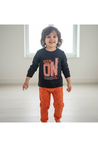 Bonbon Erkek Çocuk Keep On Baskılı Uzun Kollu Siyah Renk 2'li Takım Cb1068