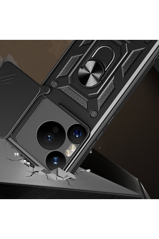 Goocamp Huawei Pura 70 Pro 5g Kılıf Magnetik Standlı Kamera Korumalı Sürgülü Vega Ka Siyah