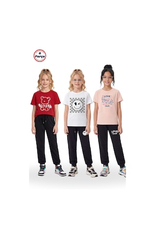Panios Kids 3 Lü Yuvarlak Yaka Tişörtlü Baskı Detaylı Kız Çocuk 6 Parça Alt Üst Takım Kırmızı - Beyaz - Somon