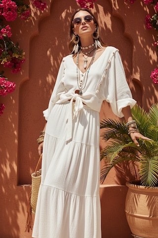 Fashion Cocktail Midye İstiridye Deniz Kabuğu V-yaka Bağlamalı Crop Dizaltı Etek Bluz Sahil Yazlık Bohem 2li Takım Beyaz