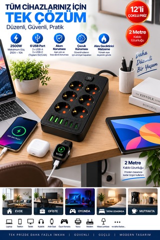 Castu Ls J06 12'si 1 Arada Akım Korumalı Priz 6 Çoklu Soket 3 Usb 3 Type-c 2500w Çocuk Korumalı Kapaklı Uzatma Kablolu Grup Priz 2M