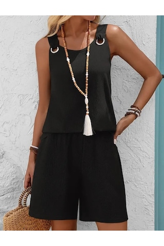 Sensuelle Kadın Askılı Yuvarlak Yaka Kuş Gözü Detaylı Bürümcük Bluz Ve Short Ikili Takım Siyah