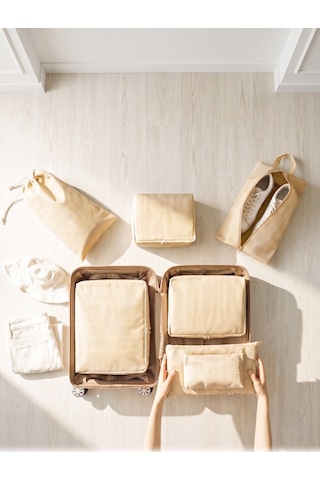 Ocean Home Textile 7'li Bej Balıksırtı Bavul İçi Düzenleyici Set