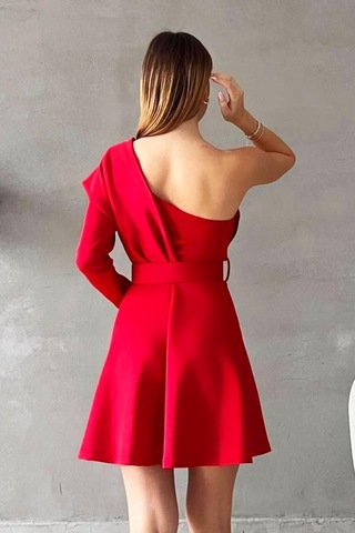 Emirela Kemer Detaylı Tek Kol Elbise-kırmızı