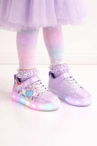 Mini Bonito Kız Çocuk Desenli Işıklı Led Tabanlı Simli Cırt Cırtlı Sneaker Lila
