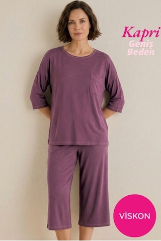 Seamlife Düğmesiz Geniş Yaka Göğüs Cepli Viskon Kısa Kol Kapri Pijama Takımı-anne Kalıp Fakir Kol Bermuda Mürdüm