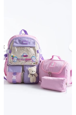 Trg Lila Rooxy Renkli Kore Kawaii Ayıcıklı Okul Çantası Seti Sırt Çantası+beslenme Çantası+kalemlik