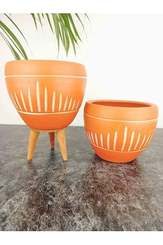 Bitki Tasarımı Ev Dekorasyon Dik Çizgi Desenli Terrakota Toprak Saksı Saksılık Salon Çiçeklik İkili Set Ayaksı Genel