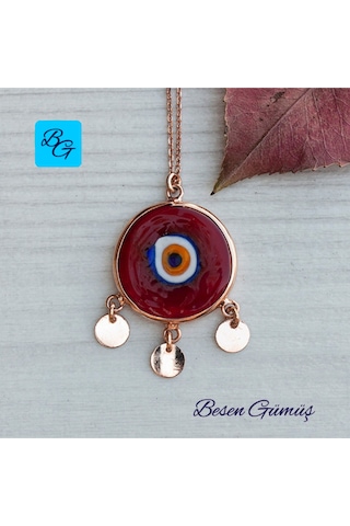 Üç Pullu Rose Yuvarlak Kırmızı Göz Kolye Rose - Gold - Gümüş