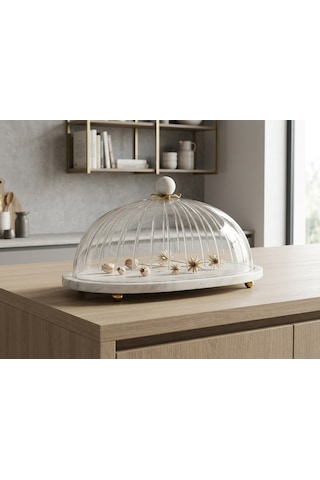 Oval 35cm Cam Kapaklı Mermer Beyaz