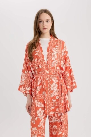 DeFacto  Relax Fit Desenli Kuşaklı Kimono D5443AX25SPOG269 Turuncu