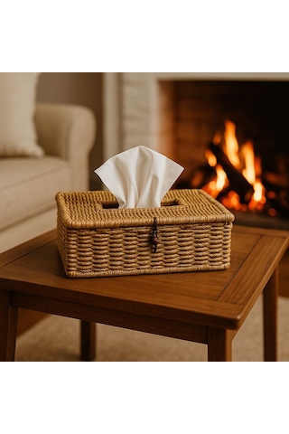 Hasır Rattan Peçetelik Saklama Kutusu Organizer Kare Büyük