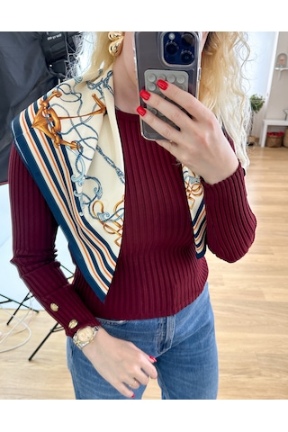 Modaonna Altın Düğme Detaylı Bordo Triko Bluz Bordo