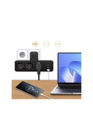 3'lü Termal Akım Korumalı Priz 3xusb 1xtype-c 20w Pd Giriş 2 M