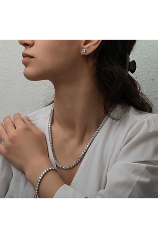 Gümüş 2.5 Mm Beyaz Taşlı Su Yolu Kadın Set Çok Renkli