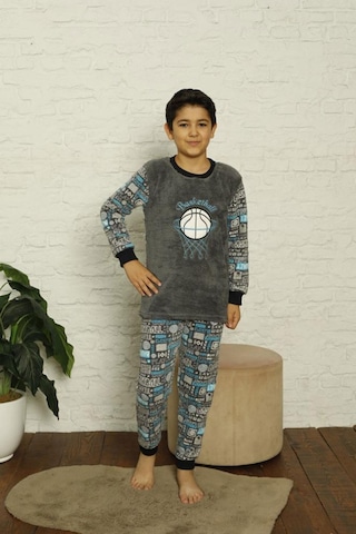 Pemilo Erkek Çocuk 1027 Desenli Polar Pijama Takımı Gri-gri 33799 - 1 Gri