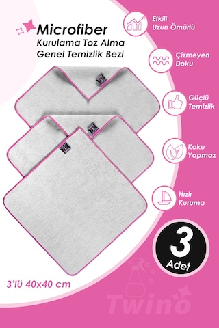 Twino 3'lü Mikrofiber Temizlik Bezi 40x40 Çok Amaçlı Mobilya Halı Koltuk Ovma Silme Toz Alma Bezi