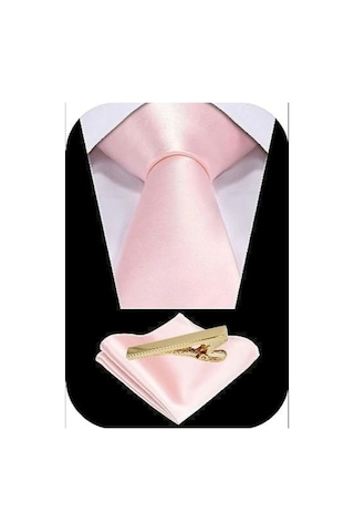 Tezzgelsin Erkek Saten Kravat Mendil ve Gold Çelik Kravat İğne Pembe