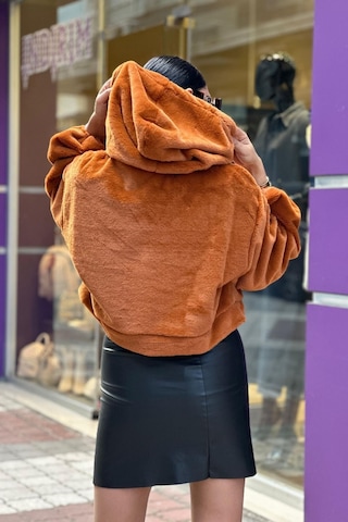 Kadın Crop Boy Yumuşacık Balon Uzun Kol Kapüşonlu Şık Kısa Sweatshirt Turuncu