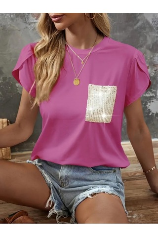 Kadın Kısa Kollu Bisiklet Yaka Cep Pul Payet Detay Viskon Bluz Pembe