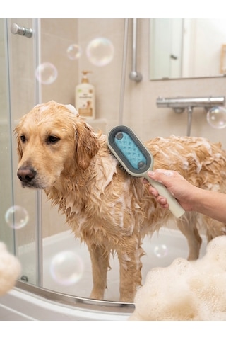 Hazneli Evcil Hayvan Duş Tarağı Kedi Köpek Tüy Toplayıcı Masaj Fırçası Mavi