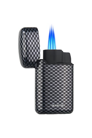 Quantoro Üç Torch Pürmüz Delicili Siyah Karbon Desenli Metal Puro Çakmağı