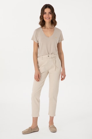 U.S. Polo Assn. Kadın Ekru Çizgili Keten Karışımlı Carrot Fit Jean Pantolon 50300954-VR019