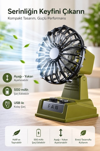 Exenar - Yeşil - Şarjlı Masaüstü Mini Vantilatör Retro Tasarım 2 Kademeli Mini Fan 500 Mah Taşınabilir Fan