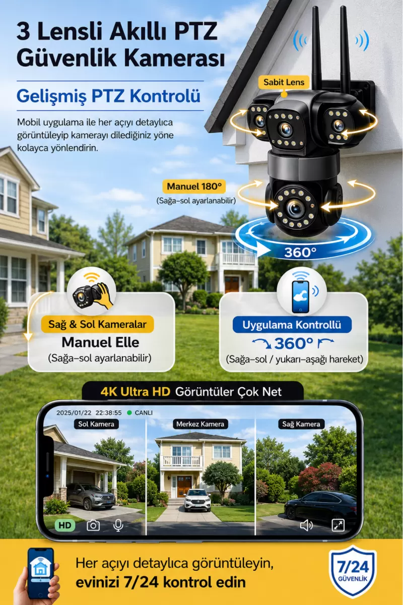 Rx113w Wifi 3 Kameralı Güvenlik Kamerası 15mp Ultra Hd Ptz Hareketli Sesli Gece Görüşlü Akıllı Kamera 08385654