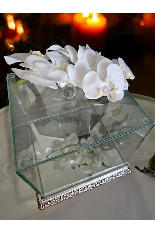 Cam Söz Nişan Çeyiz Bohça Kutusu 25 25 20 Cm Gelin Damat Bohçası Ahşap Aynalı Taban